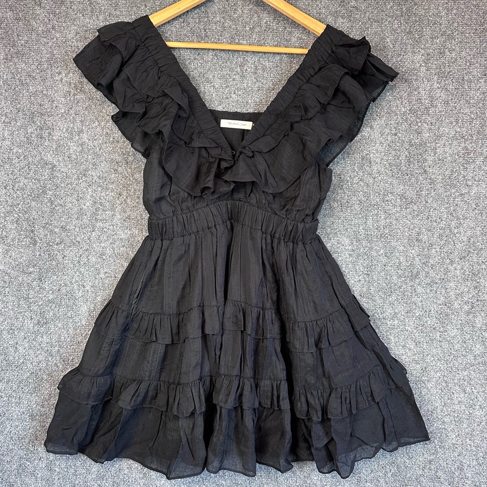 Mustard Seed ruffled flutter sleeve mini dress M layered tiered pockets coquette - Picture 1 of 15